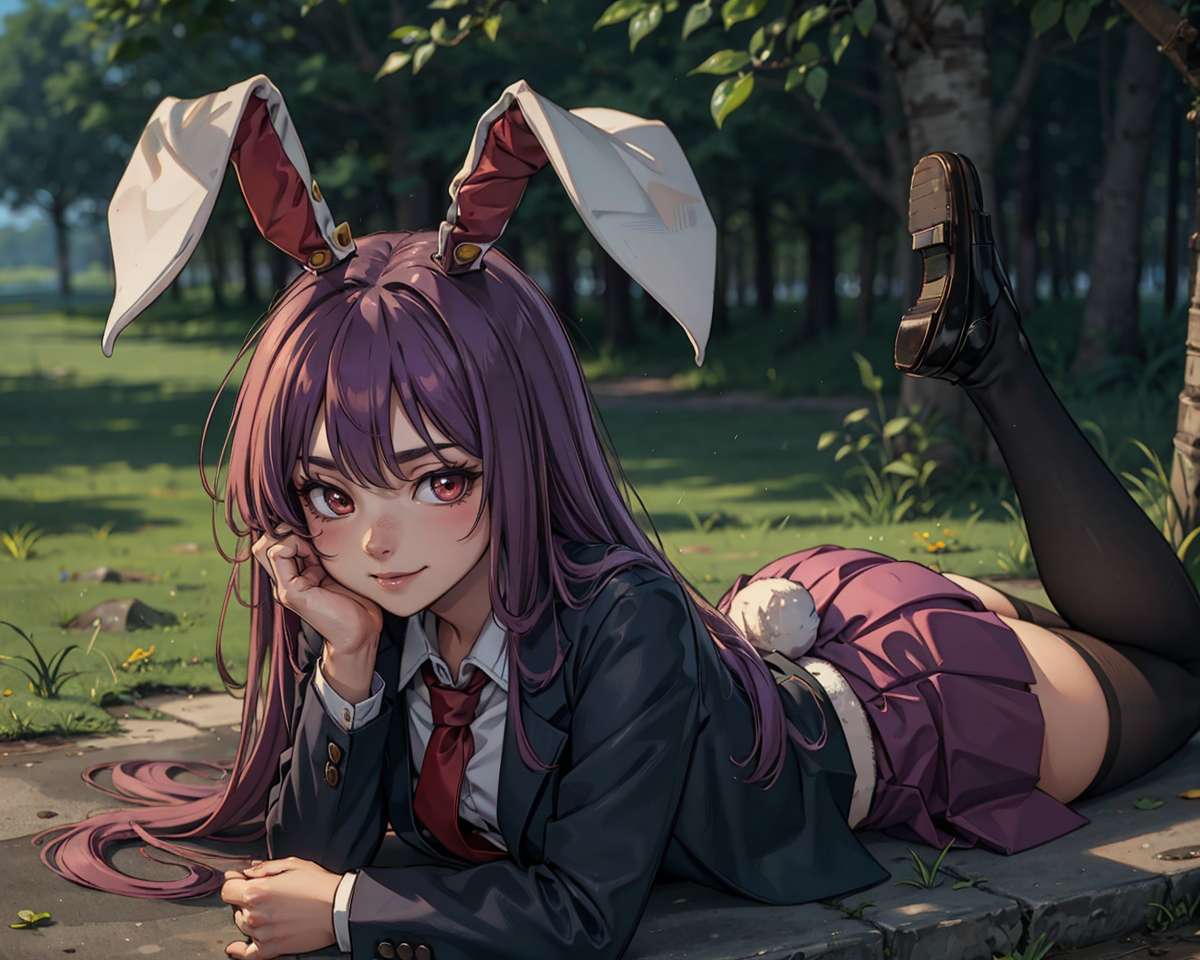 00362-3680077594-_lora_reisen_1_, 1girl, animal ears, bangs, black footwear, blazer, blouse, blurry, blush, jacket, long hair, long sleeves, look.png
